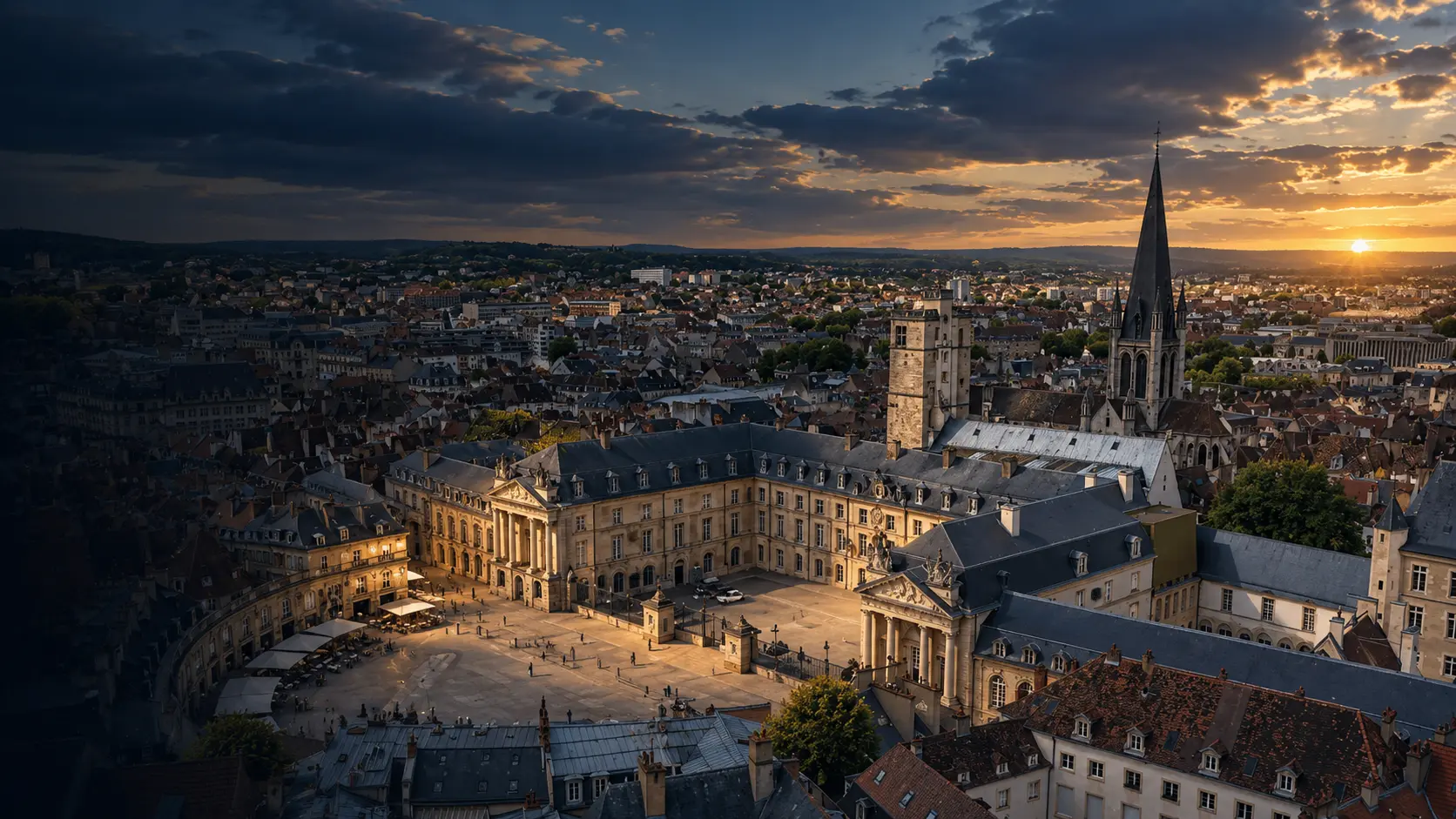 Vue plongeante sur le palais des ducs de Bourgogne et le centre historique de Dijon, au coucher du soleil